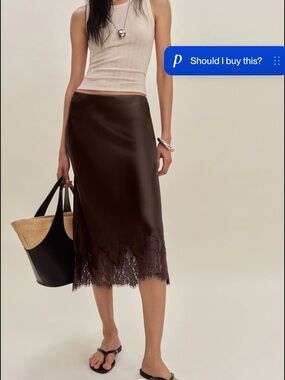 Reformation Chocolate Brown Satin Midi Skirt with Lace Hem